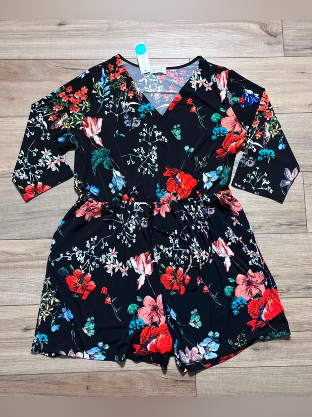 Kaileigh Womens Keeney Knit Faux Wrap‎ Floral Romper Size 2X Black
